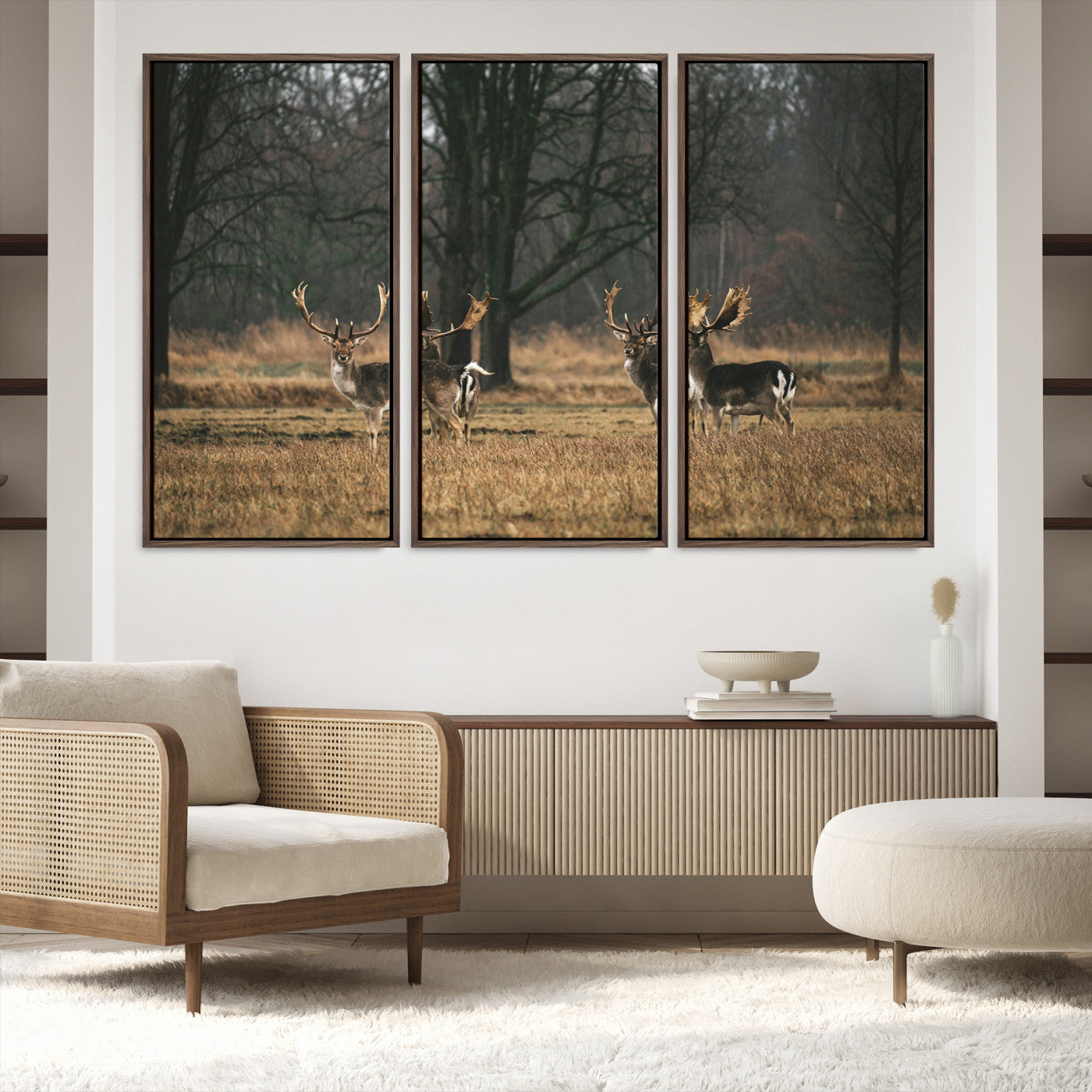 55348744-MGV-FC-60X40-3P_Walnut-Deer Photography Wall Art Canvas Print, Framed Rustic Wildlife Art Picture, Rustic Deer Wall Art Print