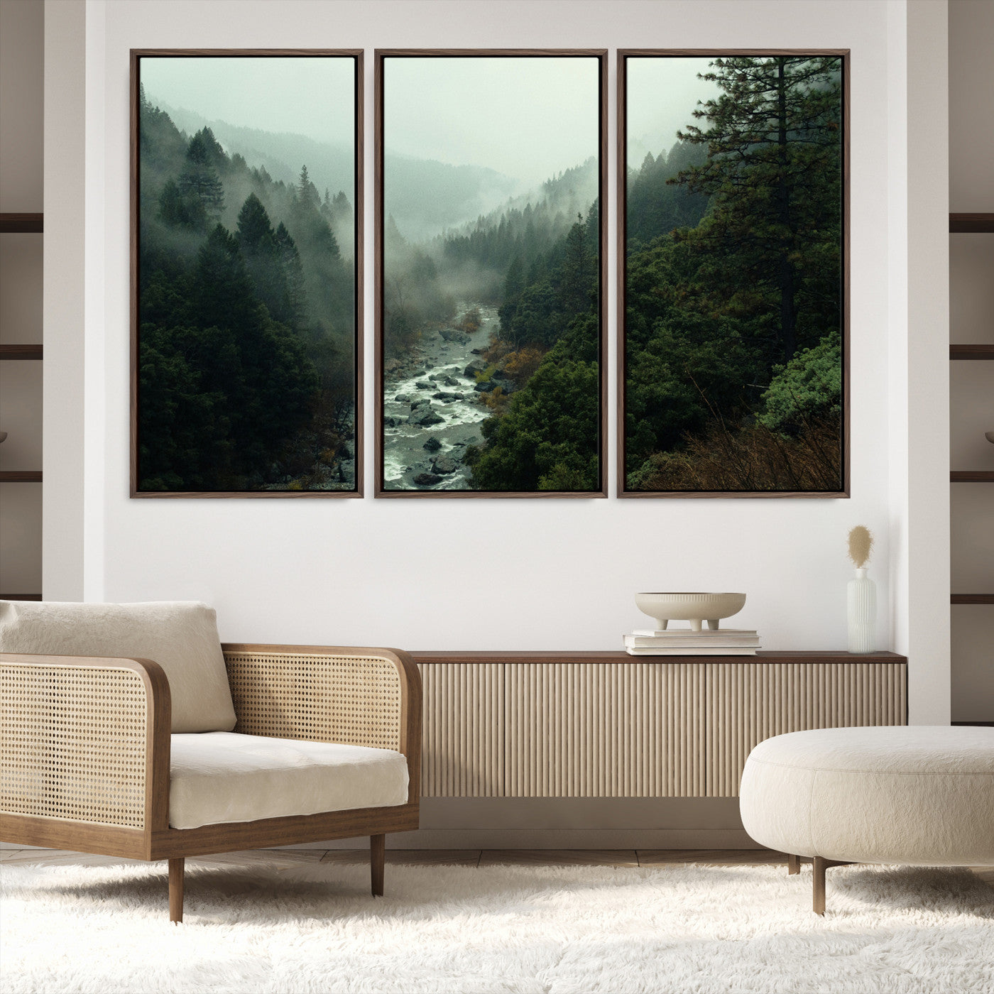 48497565-MGV-FC-60X40-3P_Walnut-Misty Forest Wall Art Canvas Print, Framed Foggy River Art Picture Print, Moody Landscape Perfect Wilderness Decor Artwork