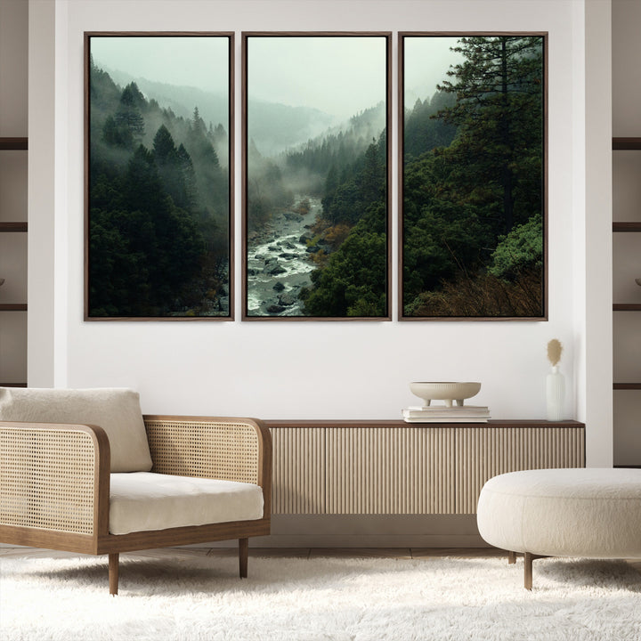 Misty Forest Wall Art Canvas Print, Framed Foggy River Art Picture Print, Moody Landscape Perfect Wilderness Decor Artwork