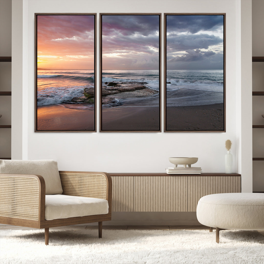 Golden Hour Wall Art Canvas Print, Framed Tranquil Waves Art Picture Print, Beach Perfect Coastal Serenity Decor Artwork