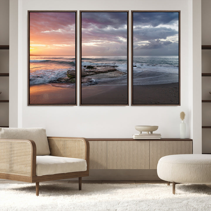 Golden Hour Wall Art Canvas Print, Framed Tranquil Waves Art Picture Print, Beach Perfect Coastal Serenity Decor Artwork