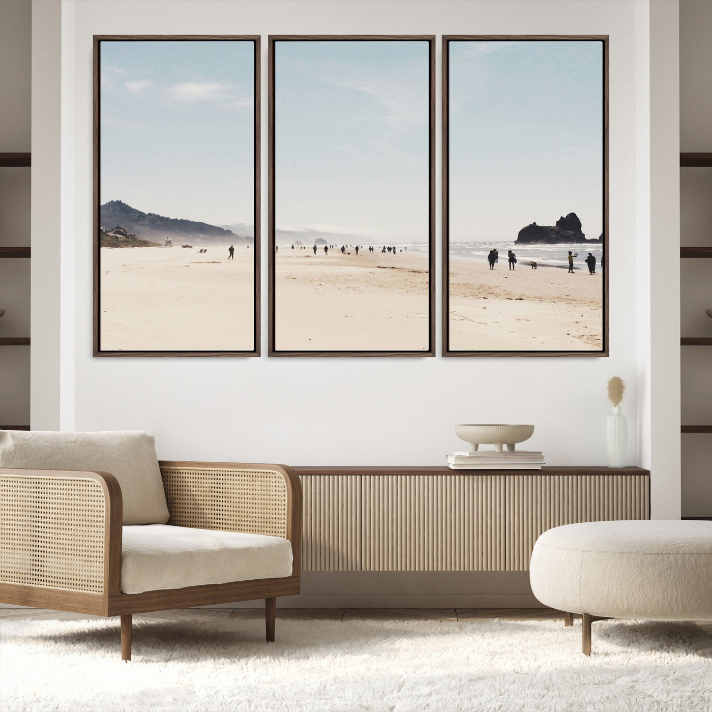 28307820-MGV-FC-60X40-3P_Walnut-Minimalist Beach Wall Art Canvas Print, Framed Coastal Serenity Art Picture Print, Soft Sand Perfect Coastal Decor Artwork