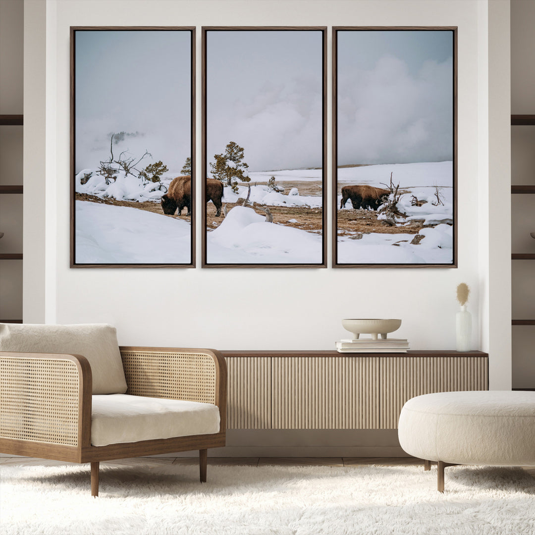 Bison Wildlife Wall Art Canvas Print, Framed Snowy Prairie Art Picture Print, Western Perfect Rustic Decor Artwork