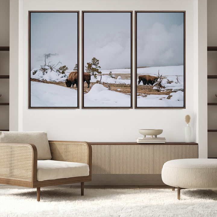 Bison Wildlife Wall Art Canvas Print, Framed Snowy Prairie Art Picture Print, Western Perfect Rustic Decor Artwork