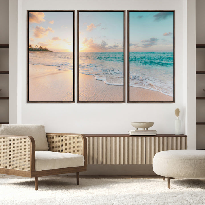 Beach Sunset Wall Art Canvas Print, Framed Ocean Waves Art Picture Print, Summer Escape Perfect Coastal Decor Artwork