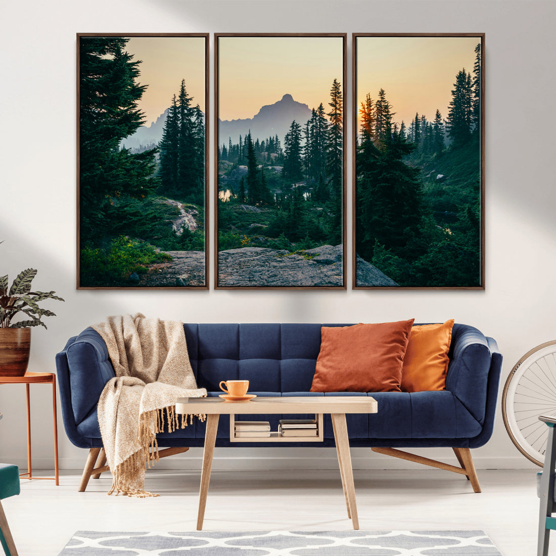 Mountain Wall Art Canvas Print, Framed Forest Serenity Golden Hour