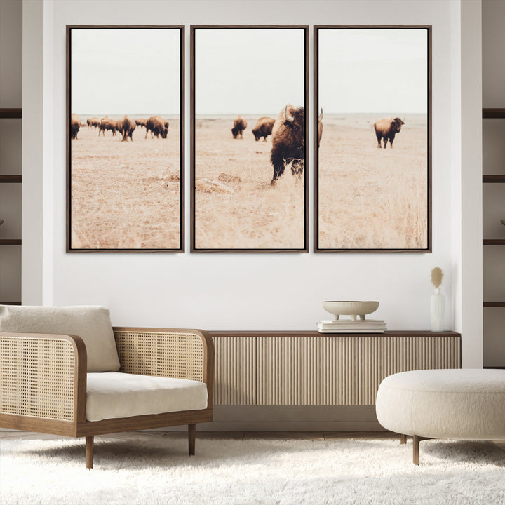 Bison Herd Wall Art Canvas Print, Framed Western Art Picture Print, Prairie Serenity Perfect Ranch Decor Artwork