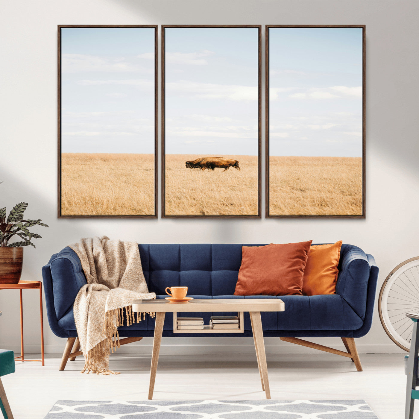 MGV-FC-48X32-3P - Minimalist Nature Wall Art Canvas Print, Framed Bison In Grassland Art Picture Print, Open Field Perfect Modern Ranch Decor Decor Artwork