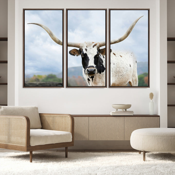 Texas Longhorn Wall Art Canvas Print, Framed Western Rustic Art Picture Print, Farmhouse Decor Perfect Farmhouse Decor Artwork