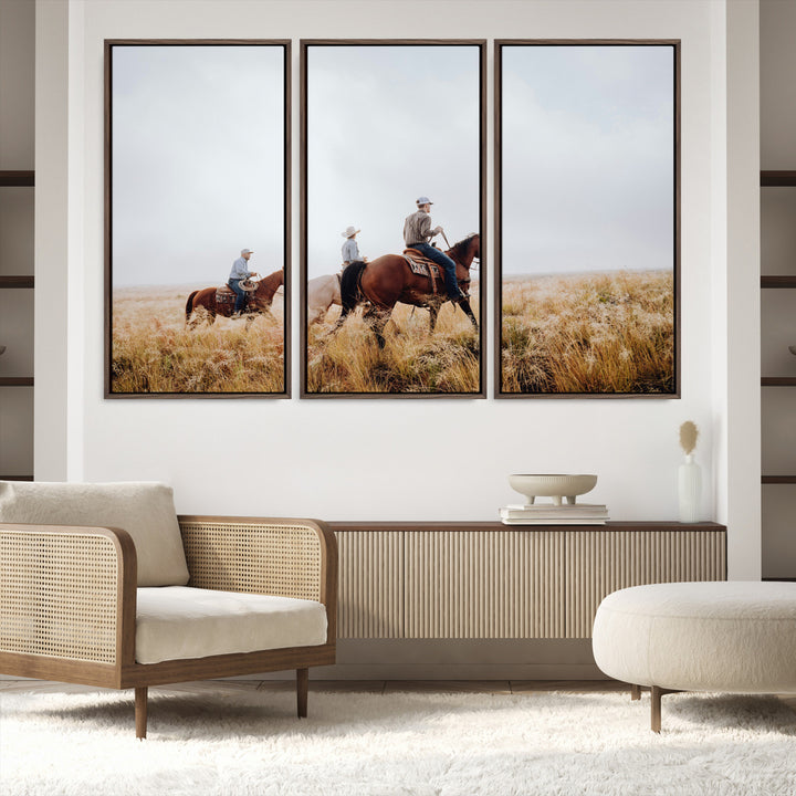 Three cowboys riding horses through a foggy prairie landscape, dressed in Western attire, evoking a rustic and adventurous Wild West aesthetic.