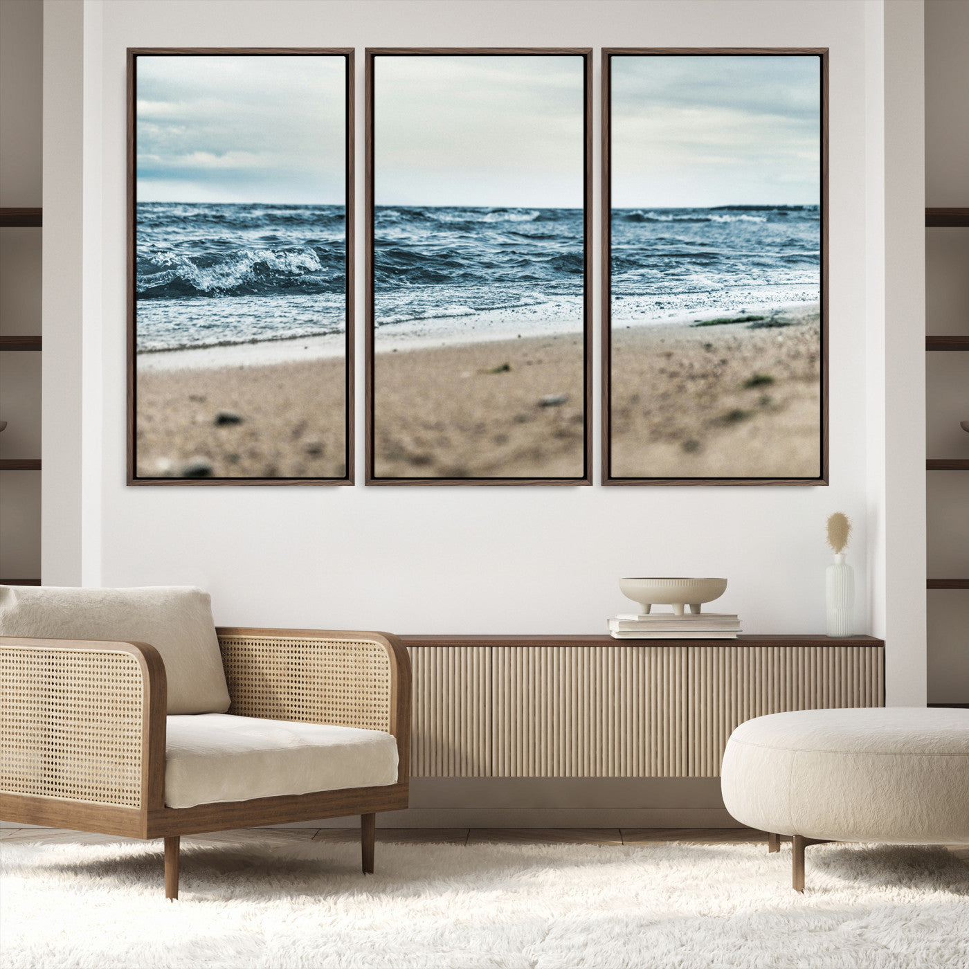 81812590-MGV-FC-48X32-3P-Ocean Wall Art Canvas Print, Framed Coastal Canvas Art Picture Print, Moody Seascape Perfect Coastal Minimalist Decor Artwork