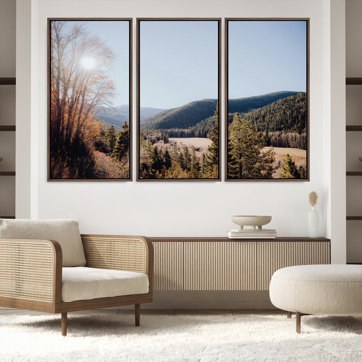 52941305-MGV-FC-48X32-3P-Rustic Landscape Wall Art Canvas Print, Framed Serene Valley Art Picture Print, Pine Tree Horizon Perfect Rustic Cabin Decor Artwork