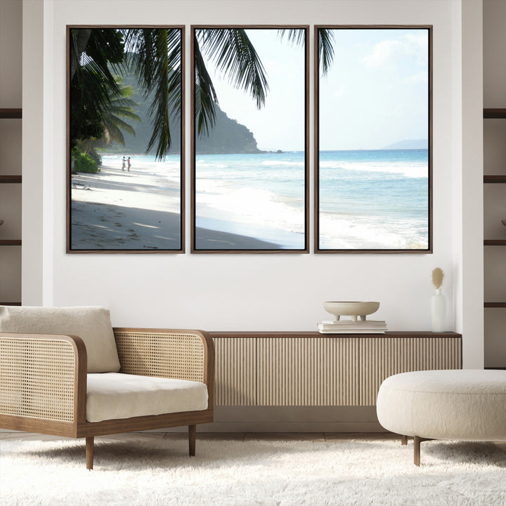 Tropical beach with palm tree shadows, white sand, and turquoise ocean waves, creating a serene and relaxing island escape atmosphere.