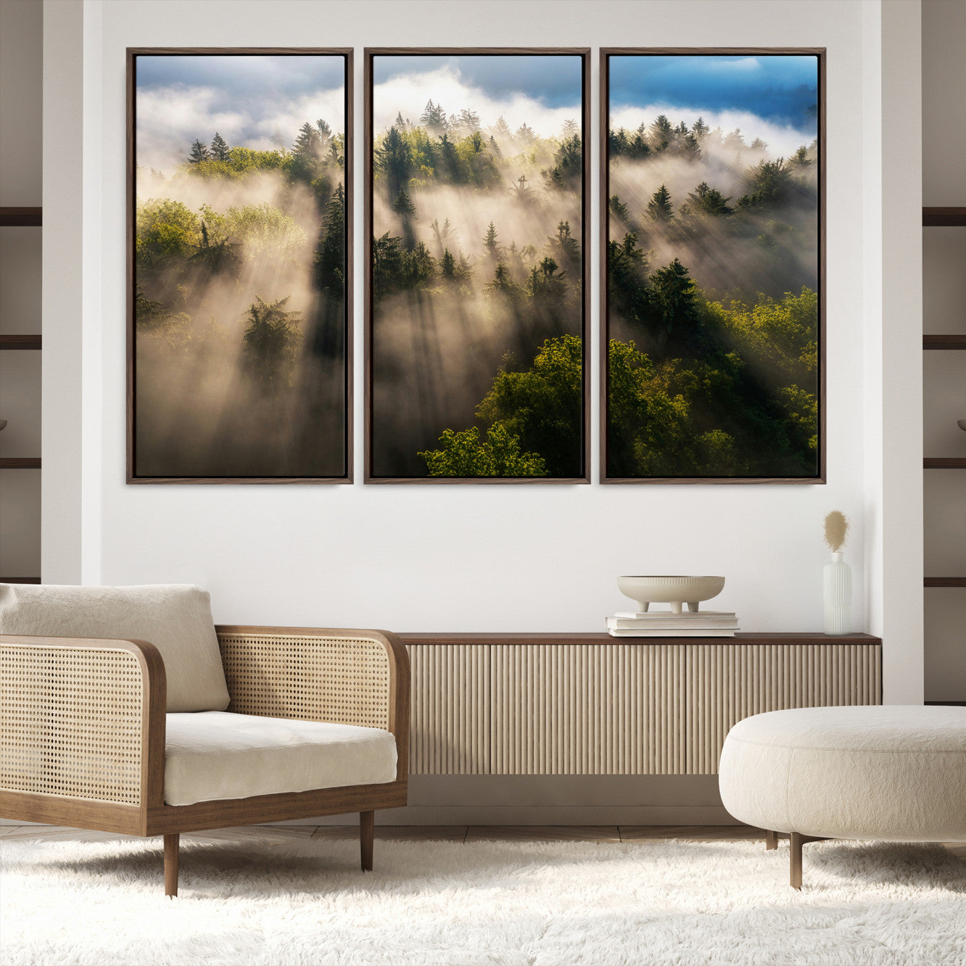 14785710-MGV-FC-48X32-3P-Tranquil Forest Scene Wall Art Canvas Print, Framed Sunbeam Through Trees Art Picture Print, Moody Green Wall Art Perfect Scandinavian