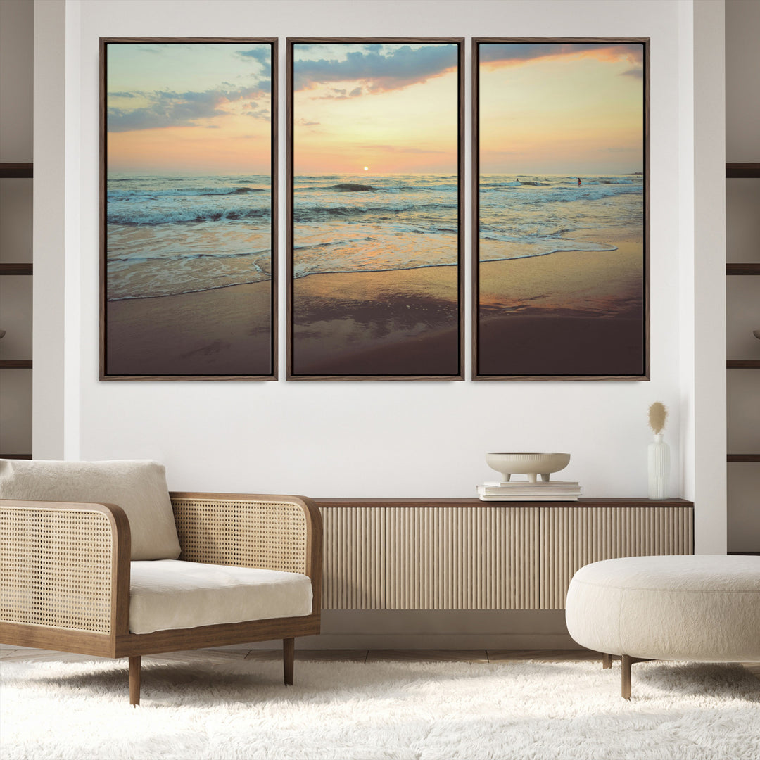 Warm sunset over gentle ocean waves with pastel sky and reflections on wet sand, creating a calm and soothing beach ambiance.