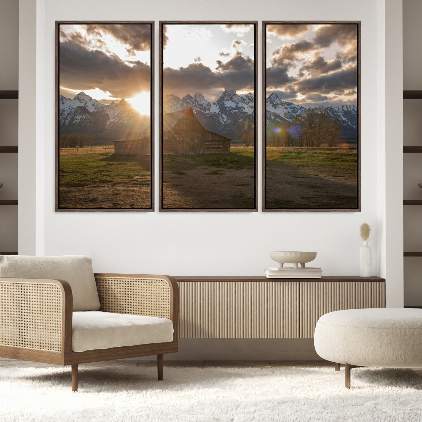 52555760-MGV-FC-60X40-3P_Walnut-Snowy Peaks Wall Art Canvas Print, Framed Nature Escape Art Picture Print, Rustic Charm Perfect Rustic Western Decor Artwork