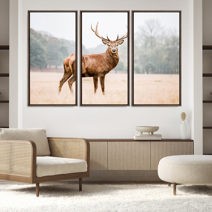 Vintage Wildlife Canvas Print, Framed Misty Landscape Art Picture Print, Deer Wall Art Perfect Rustic Wildlife Decor Artwork