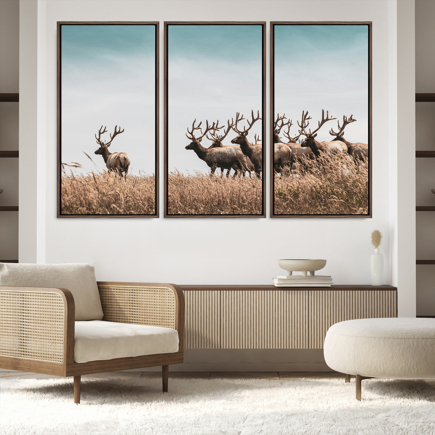 81594705-MGV-FC-60X40-3P_Walnut-Elk Herd Wall Art Canvas, Antler Canvas Print, Framed Wildlife Photography Art Picture Print, Rustic Nature Print Perfect Rustic Wildlife