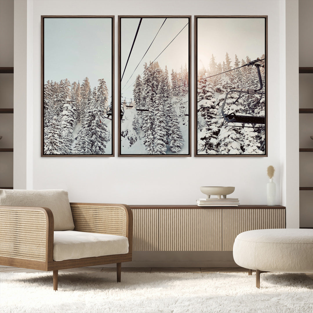 91534512-MGV-FC-60X40-3P_Walnut-Frosty Pines Wall Art Canvas Print, Framed Cozy Cabin View Art Picture Print, Ski Lift Ride Perfect Rustic Lodge Decor Artwork