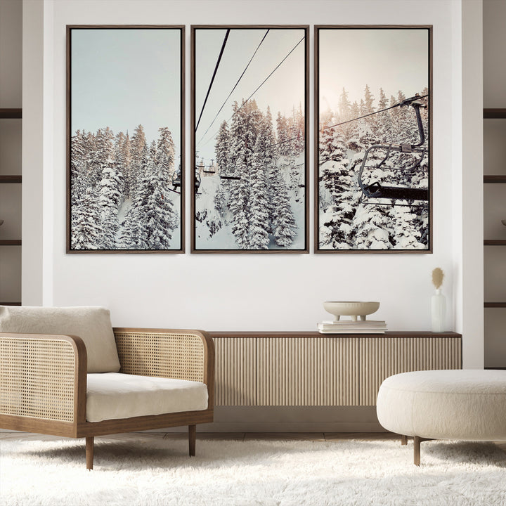 91534512-MGV-FC-60X40-3P_Walnut-Frosty Pines Wall Art Canvas Print, Framed Cozy Cabin View Art Picture Print, Ski Lift Ride Perfect Rustic Lodge Decor Artwork