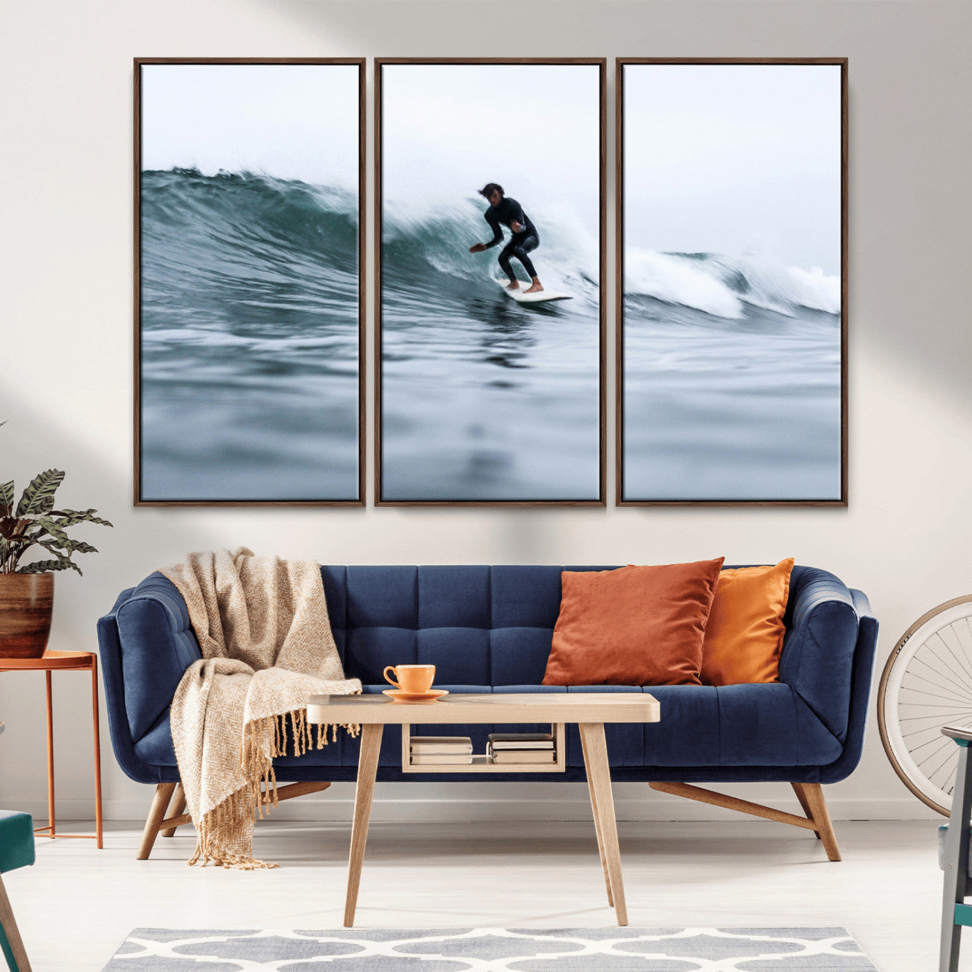 MGV-FC-48X32-3P - Surfer on Wave Wall Art Canvas Print, Framed Ocean Adventure Art Picture Print, Motion Blur Water Perfect Coastal Adventure Decor Artwork