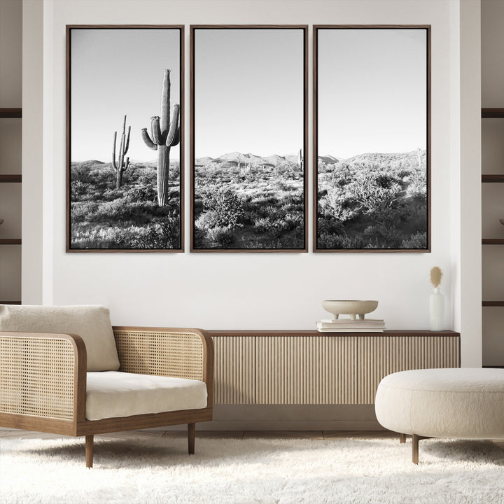 Saguaro Cactus Wall Art Canvas Print, Monochrome Landscape Print, Framed Scenic Arizona Art Print, Large Timeless Western Aesthetic Printing