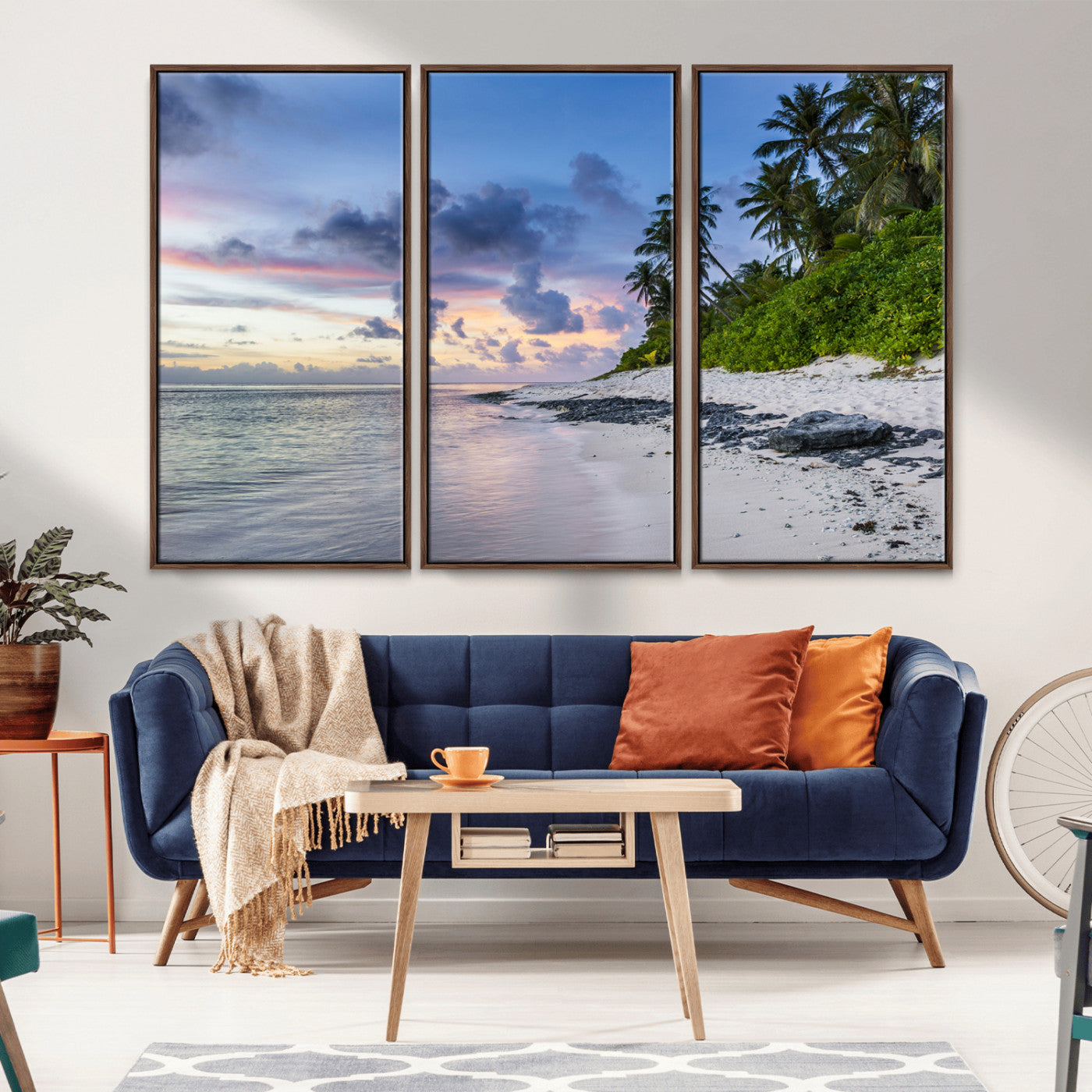 MGV-FC-48X32-3P - Tropical Beach Wall Art Canvas Print, Framed Sunset Glow Art Picture Print, Palm Tree Coast Perfect Tropical Coastal Decor Artwork