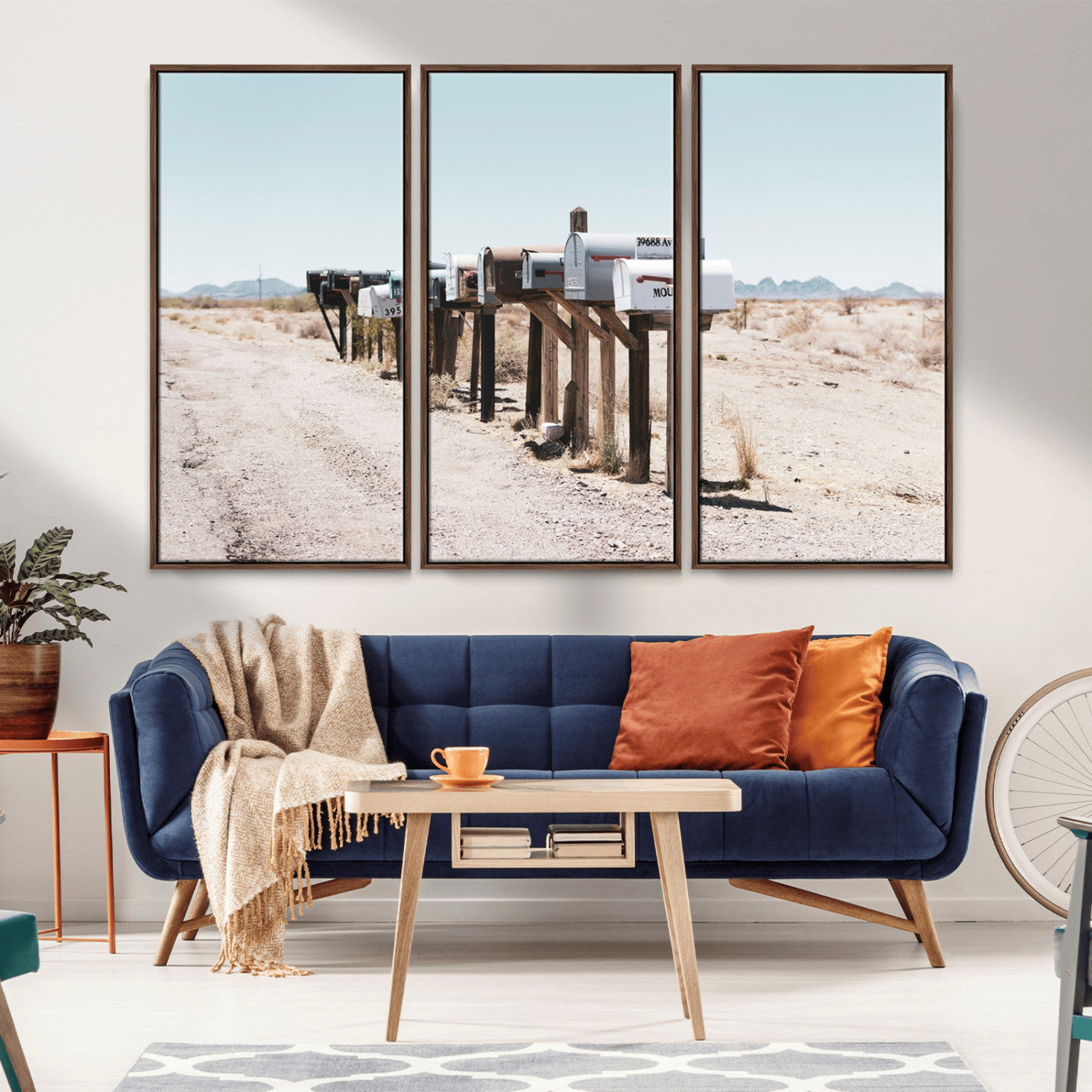 MGV-FC-48X32-3P - Desert Mailboxes Canvas Print – Minimal Western Landscape Photography, Rustic Americana Wall Art for