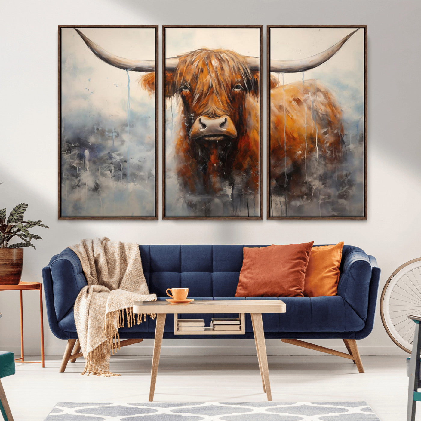 MGV-FC-48X32-3P - Scottish Highland Wall Art Canvas Print, Framed Longhorn Art Picture Print, Western Cow Perfect Farmhouse Decor Artwork