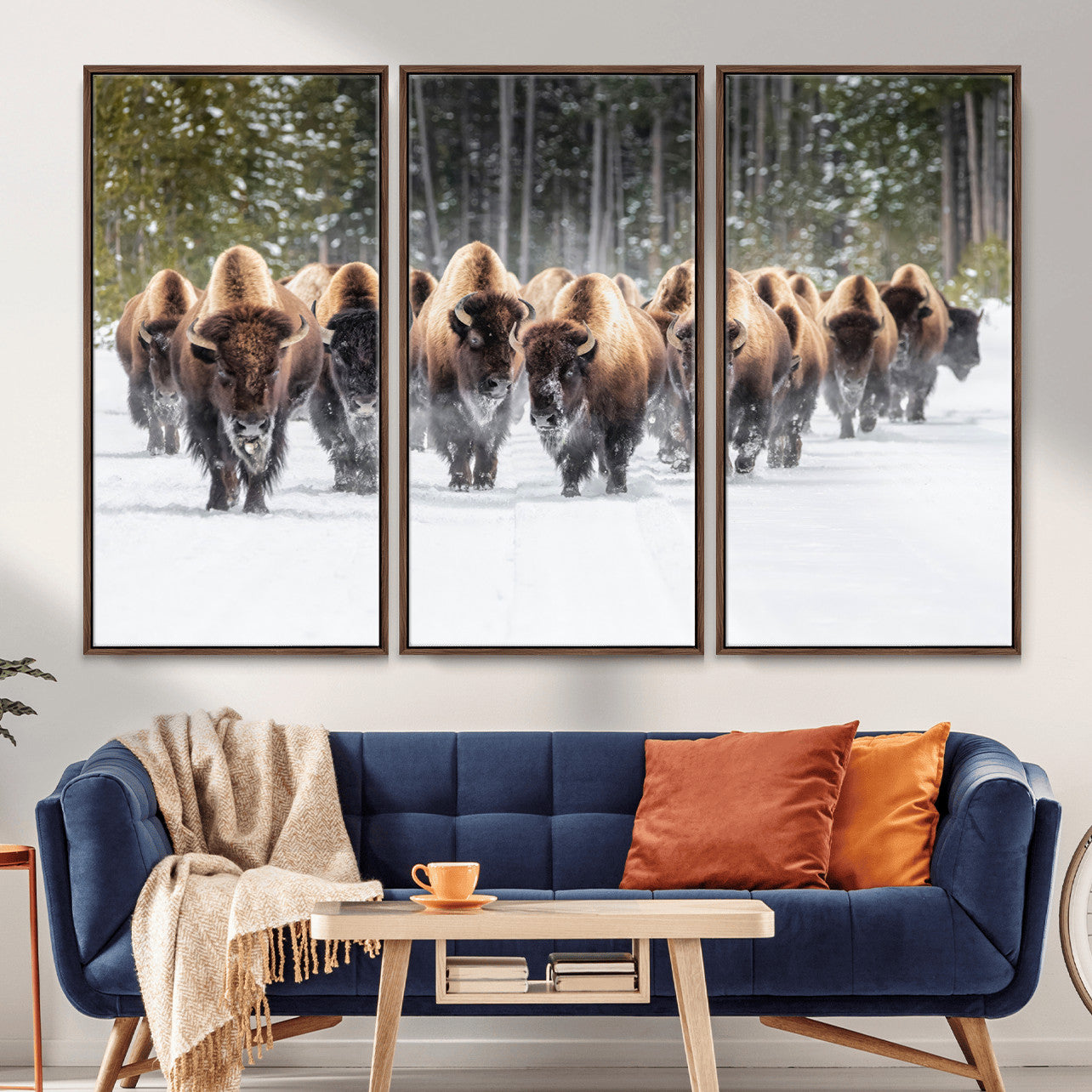 96906195-MGV-FC-48X32-3P - American Bison Herd Snow Canvas Wall Art – Powerful Winter Wildlife Print of Buffalo Motion, Rustic Lodge or Western Cabin Decor for Living Room, Office