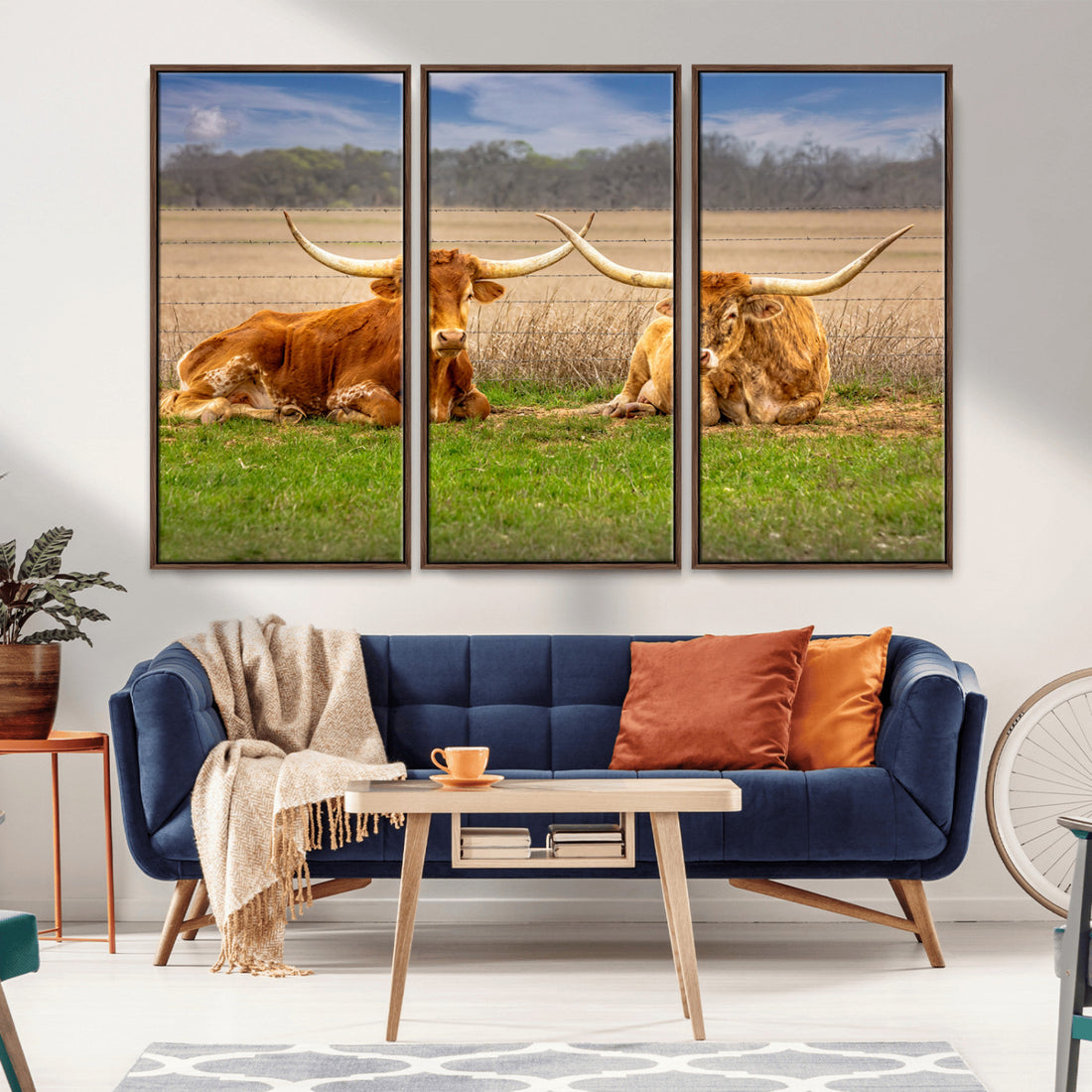 Texas Longhorn Pair Wall Art Canvas Print, Peaceful Rustic Ranch Scene with Two Cattle