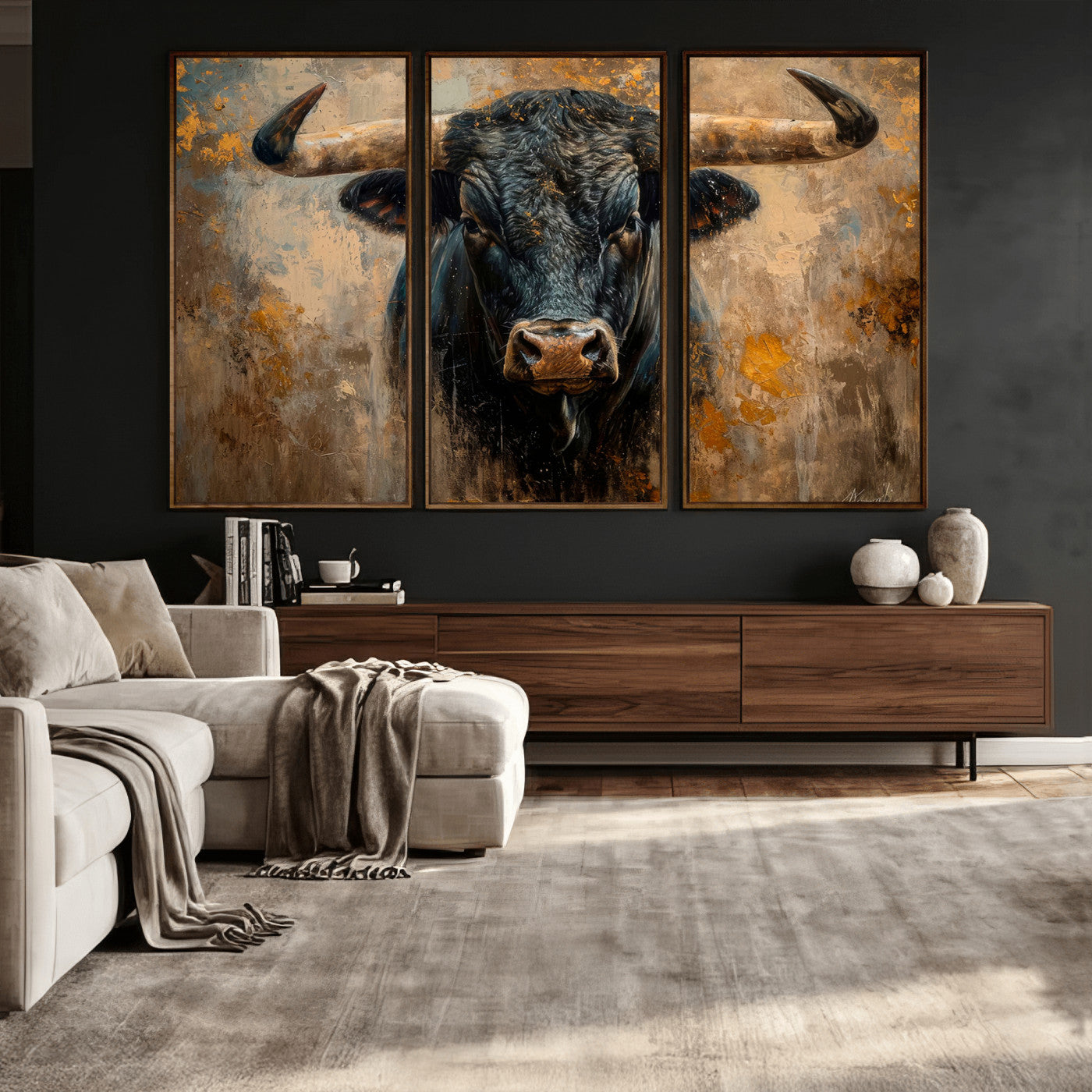 91615410-MGV-CV-36X24 - Abstract Texas Longhorn Bull Wall Art – Rustic Farmhouse Canvas Print, Western Cabin Style Decor, Large Animal Artwork for Living Room or Office