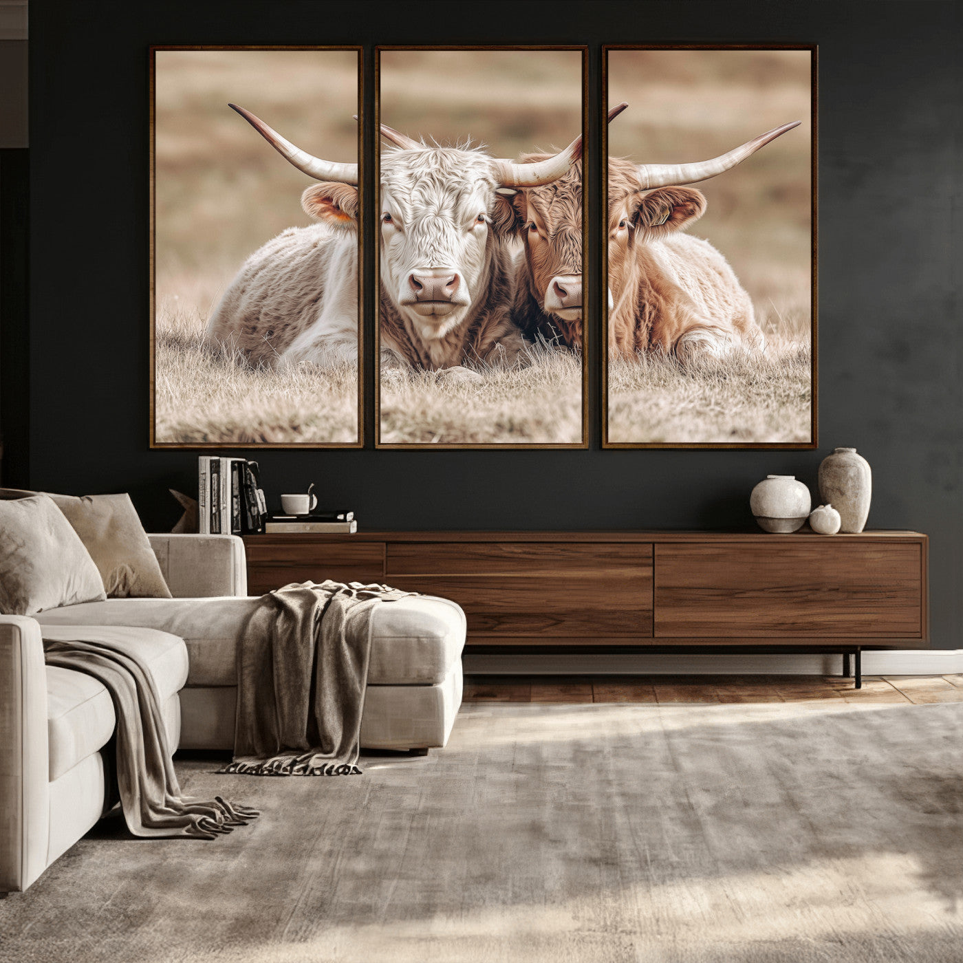 38651722-MGV-CV-36X24 - Highland Cows Meadow Canvas Wall Art – Peaceful Cow Photography Print, Rustic Farmhouse Animal Decor for Country Home, Living Room, Office