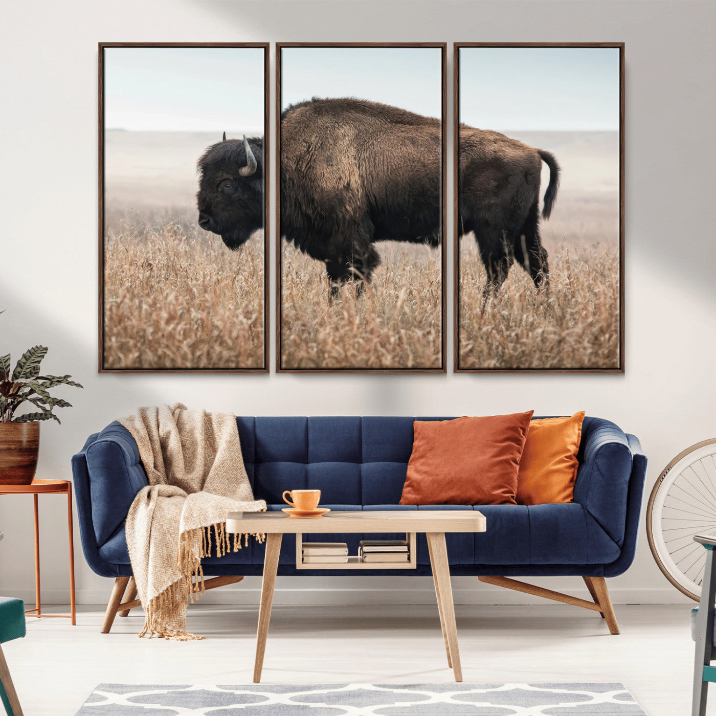 MGV-FC-48X32-3P - American Bison in Field  Wall Art Canvas Print – Powerful Winter Wildlife Scene with Buffalo in