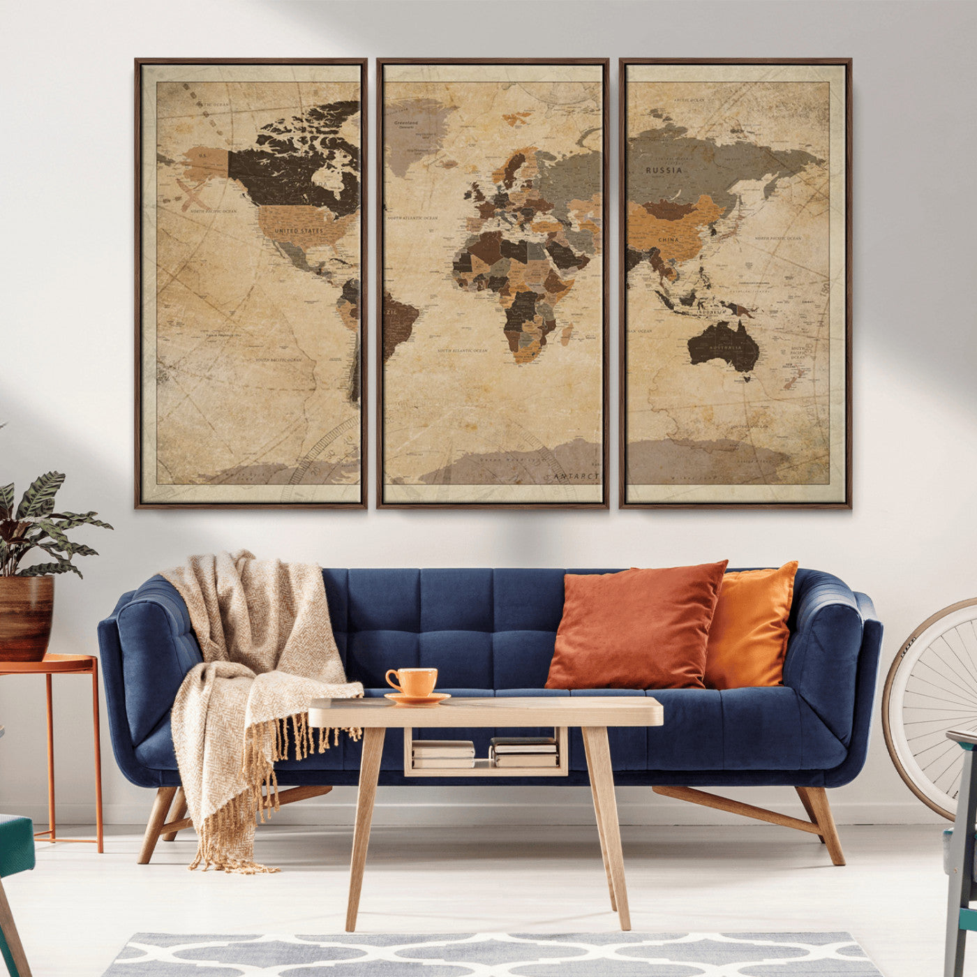 Vintage-style world map with muted brown, beige, and sepia tones, showing countries and continents with a weathered paper texture background.