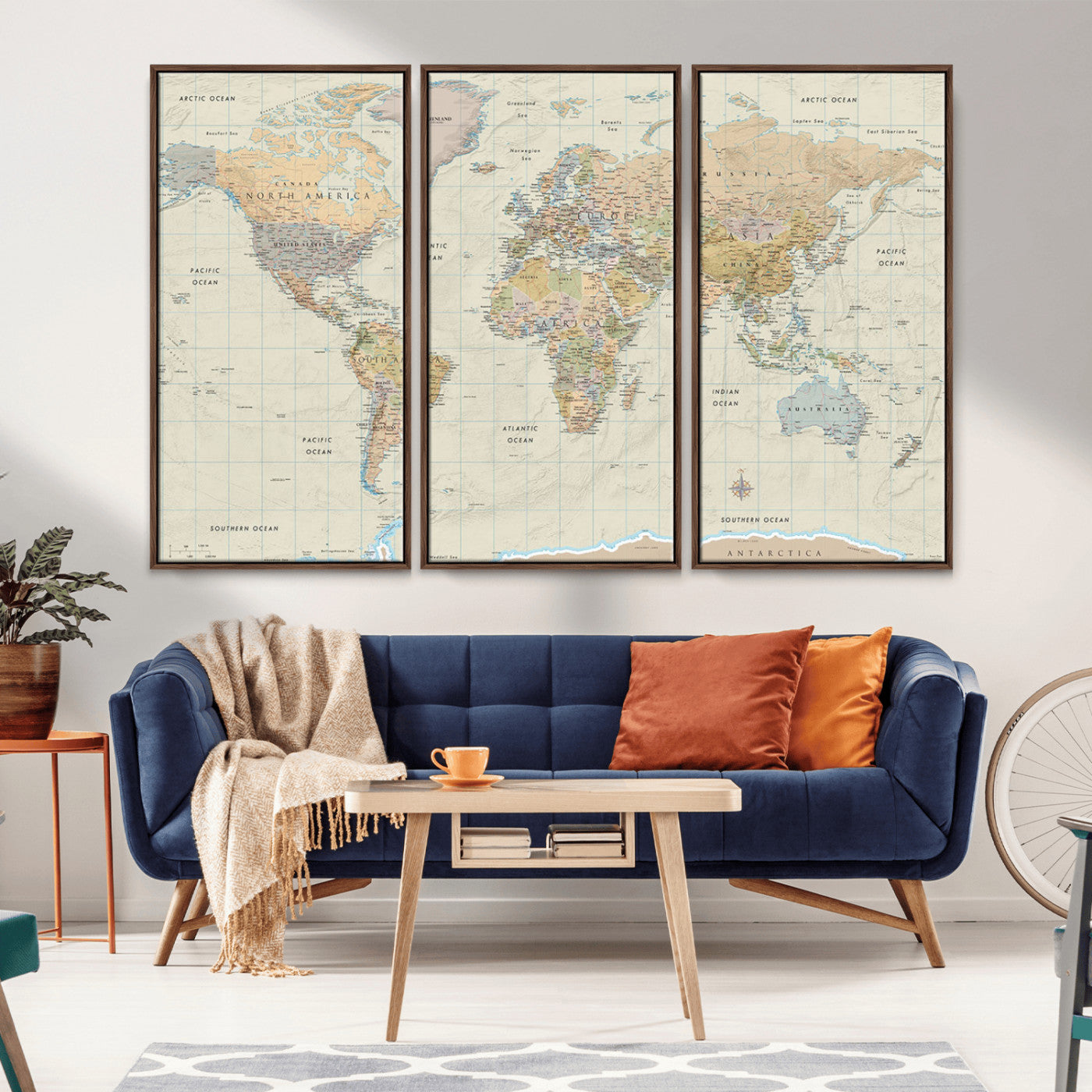 A detailed vintage-style political world map displaying continents, countries, and oceans with clear borders and labels, set on a beige textured background with grid lines.