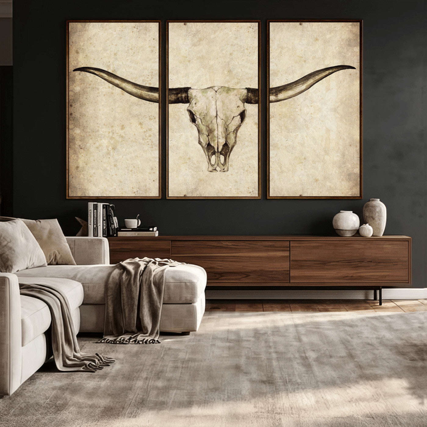 42788678-MGV-CV-36X24 - Longhorn Skull Wall Art Canvas Print – Rustic Western Artwork Print for Living Room Wall Decor