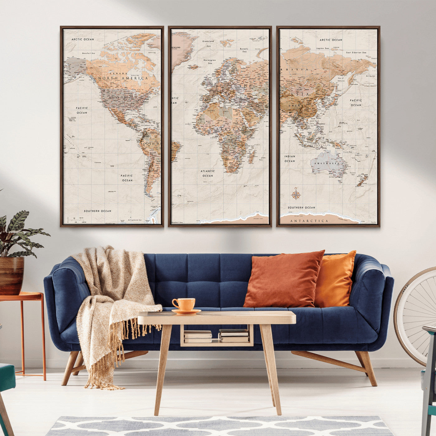 Detailed vintage world map with warm earth tones showing country borders, oceans, continents, and major cities, styled with a textured parchment background.