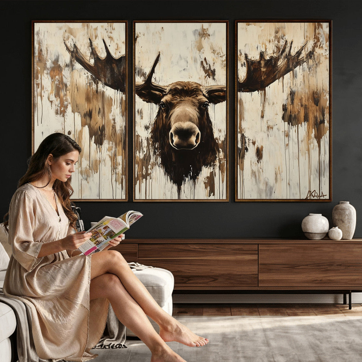 34496536-MGV-CV-36X24 - Powerful Moose Portrait Wall Art – Rich Earthy Tones, Expressive Brushstrokes, Striking Gaze, Raw Nature Vibes Decor for Home or Office