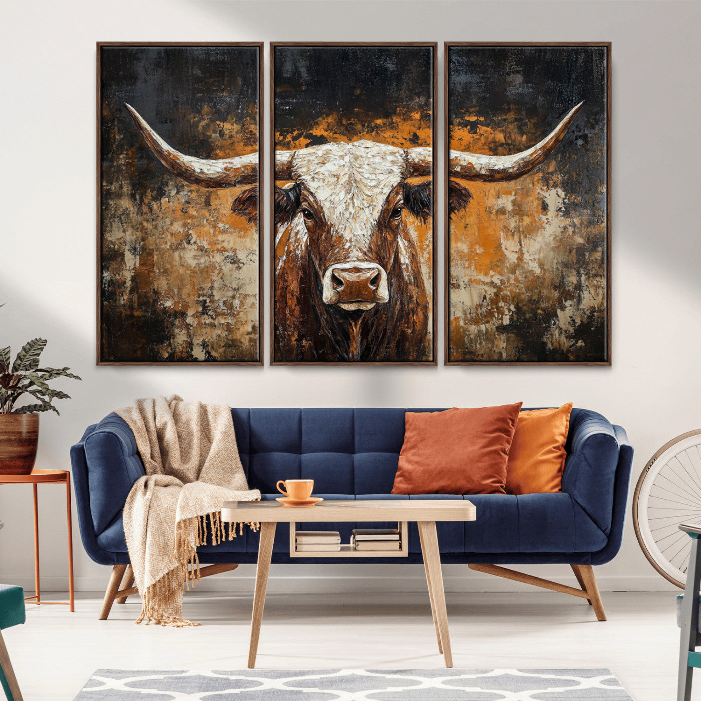 MGV-FC-48X32-3P - Rustic Longhorn Bull Wall Art Canvas Print – Vintage Western Cattle Painting, Texas Steer Artwork