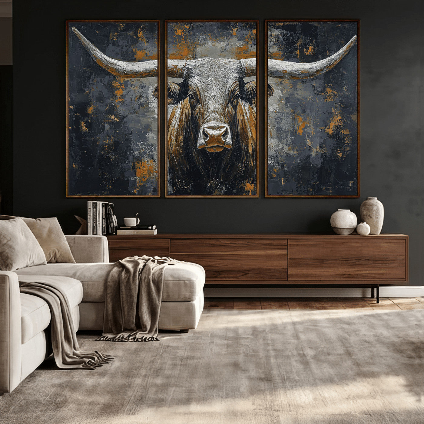 73972561-MGV-CV-36X24 - Bold Bull Wall Art Canvas – Striking Portrait with Wide Horns and Rich Brown Hues, Rustic Farmhouse and Western Decor for Home Room