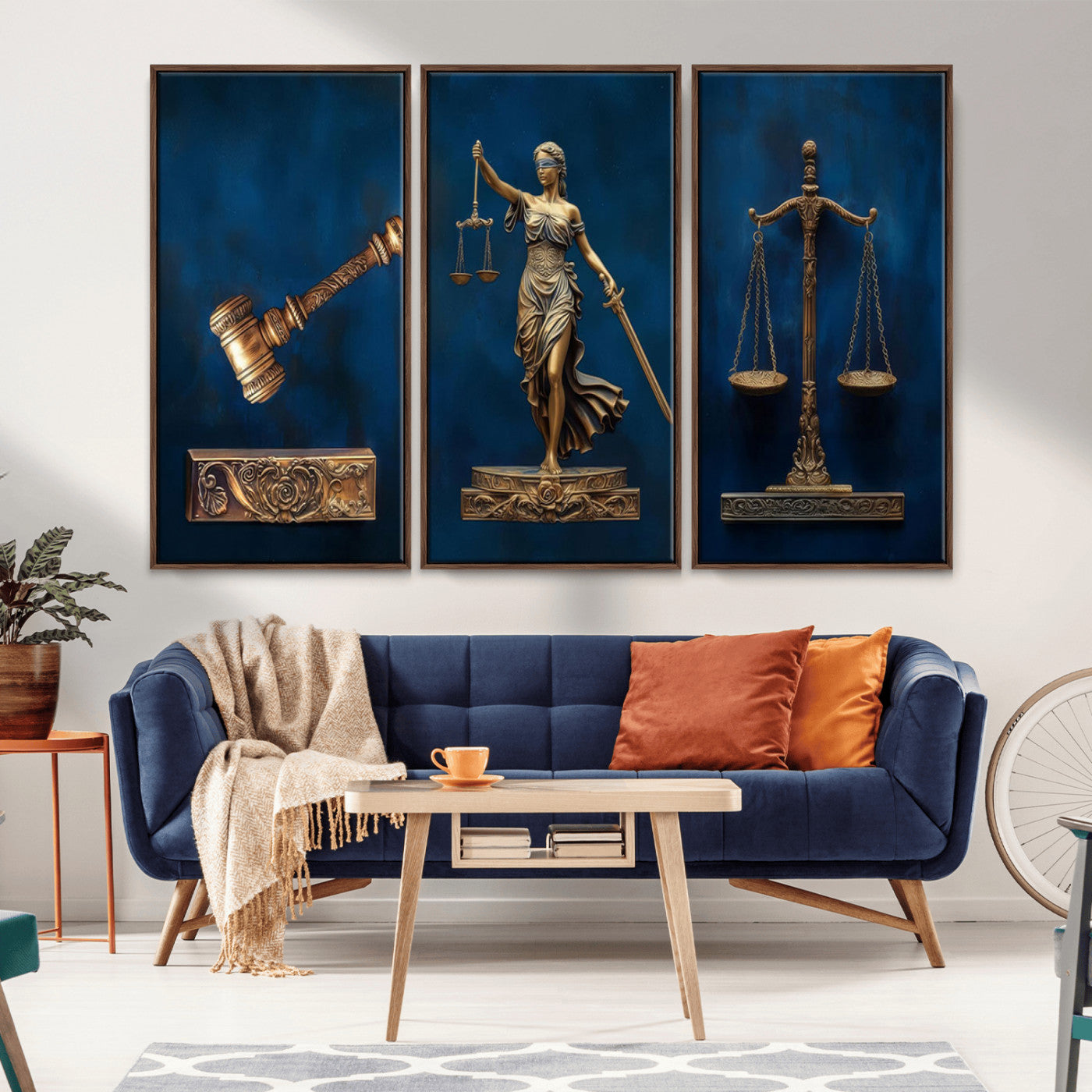 MGV-FC-48X32-3P - Lady Justice Wall Art Canvas Print – Elegant Gold Legal Symbols on Blue Background, Perfect for Law