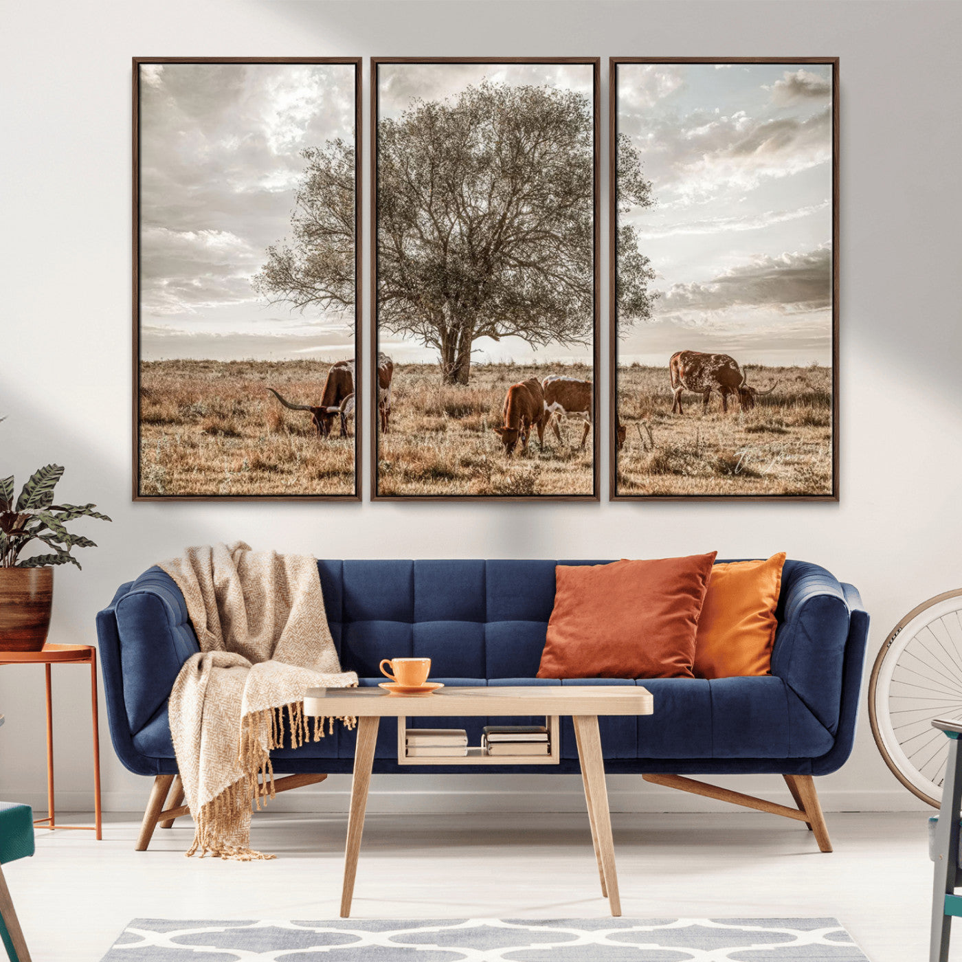 Texas Longhorn Cattle Wall Art Canvas Print – Rustic Western Ranch Scene with Steers at Sunset, Perfect for Farmhouse or Cowboy Decor