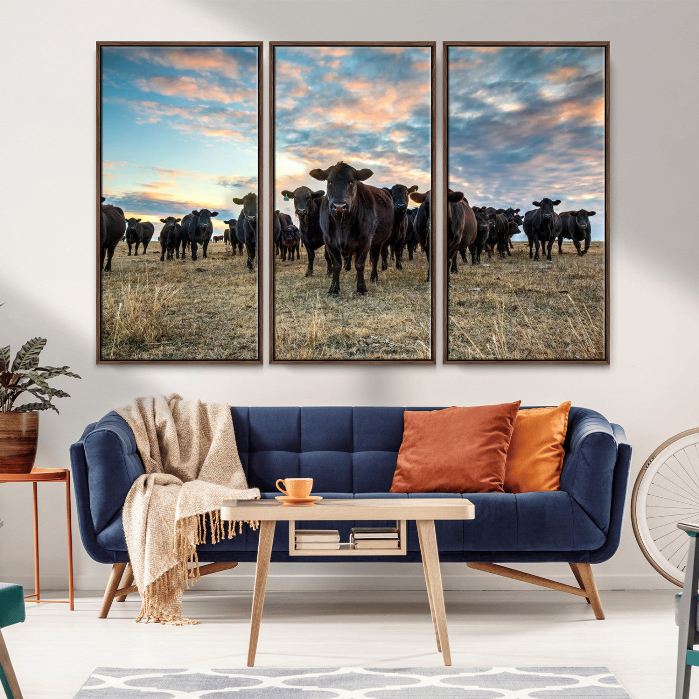 13867292-MGV-FC-60X40-3P_Walnut-Texas Longhorn Cattle Wall Art Canvas Print – Rustic Western Ranch Scene with Steers at Sunset, Perfect for Farmhouse or Cowboy Decor
