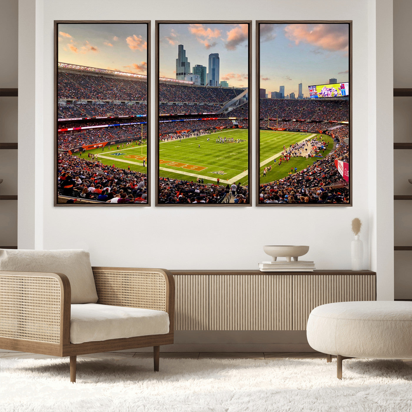 55377093-MGV-FC-60X40-3P_Walnut-Chicago Bears Soldiers Field Wall Art Canvas Print – Framed Football Stadium Artwork for Sports Fans, Soldier Field Skyline Canvas Decor for Game Room or Man Cave