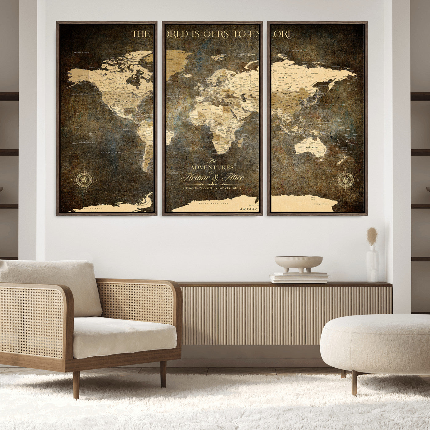 76675404-MGV-FC-60X40-3P_Walnut-Framed Push Pin World Travel Map – Canvas Wall Art for Tracking Adventures, Decorative Vintage Style Map with Pins for Home or Office - H1
