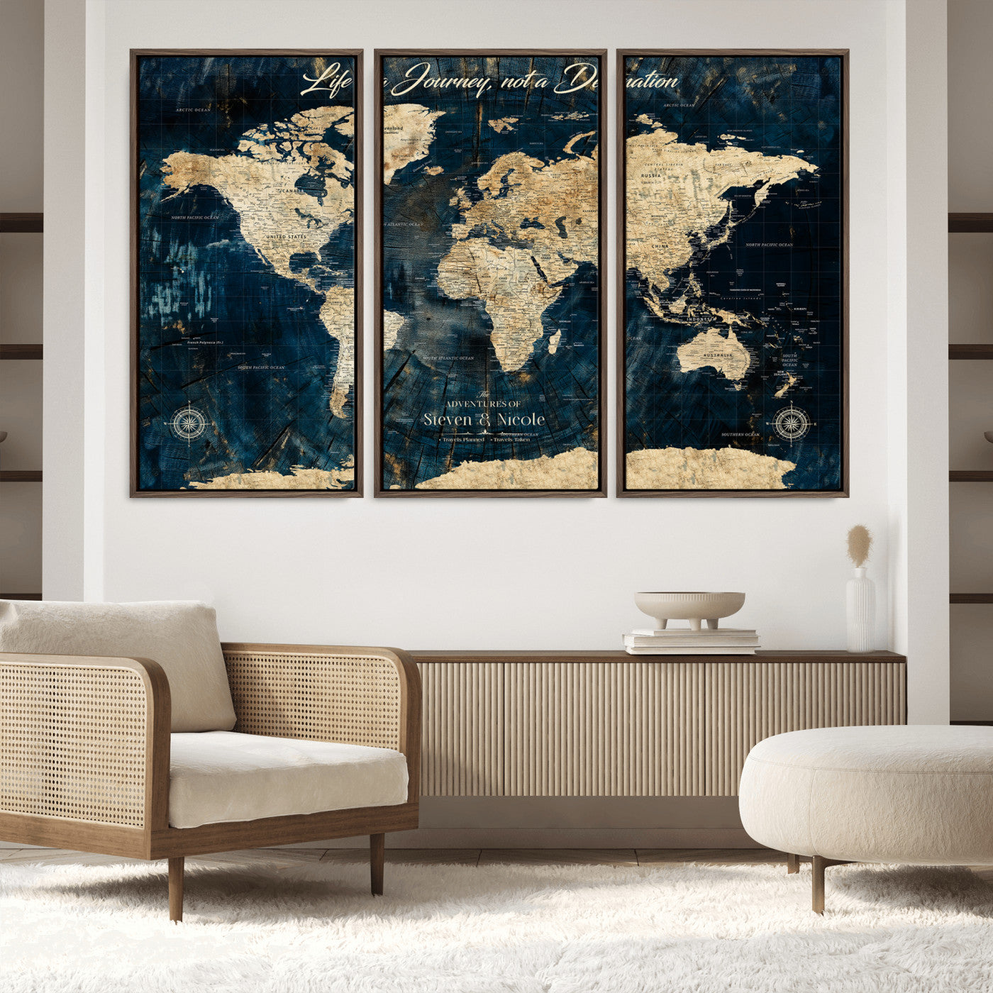 23551206-MGV-FC-48X32-3P_Walnut-Old Style World Map with Push Pins – Framed Canvas Print for Wall, Track Past and Future Adventures in a Decorative Way - H15