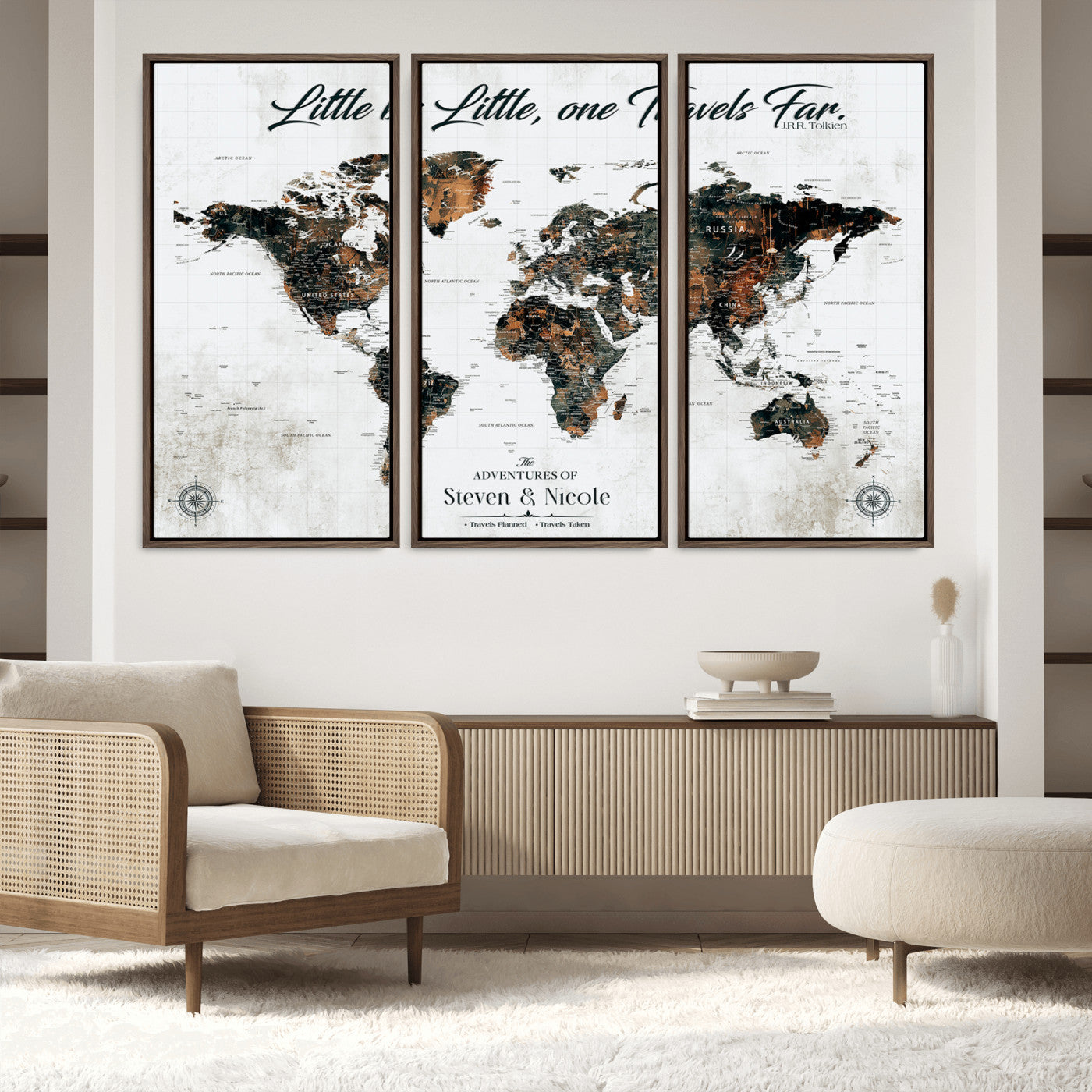 89231588-MGV-FC-48X32-3P_Walnut-World Travel Map with Pins – Framed Canvas Print to Track Adventures and Create a Visual Travel Journal, Ideal Wall Art for Home - H17
