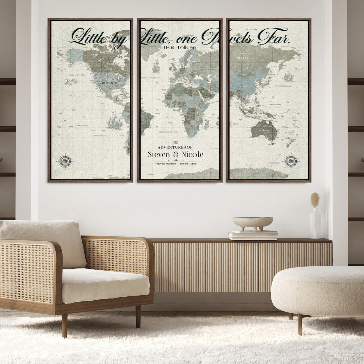 72081300-MGV-FC-48X32-3P_Walnut-Custom Push Pin World Map Wall Canvas Print – Personalized Travel Tracker with Pins – Framed Large Multi-Size Canvas for Home Office Decor - H18