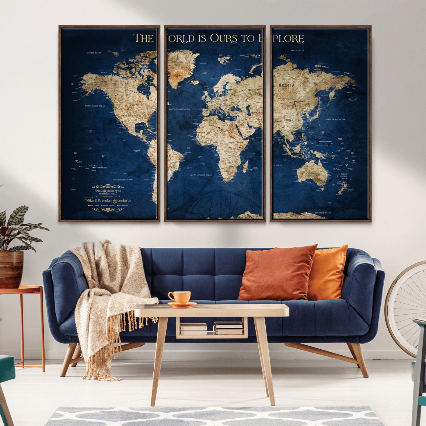 10181149-MGV-FC-48X32-3P_Walnut-Custom Push Pin World Map Wall Canvas Print – Personalized Travel Tracker with Pins – Framed Large